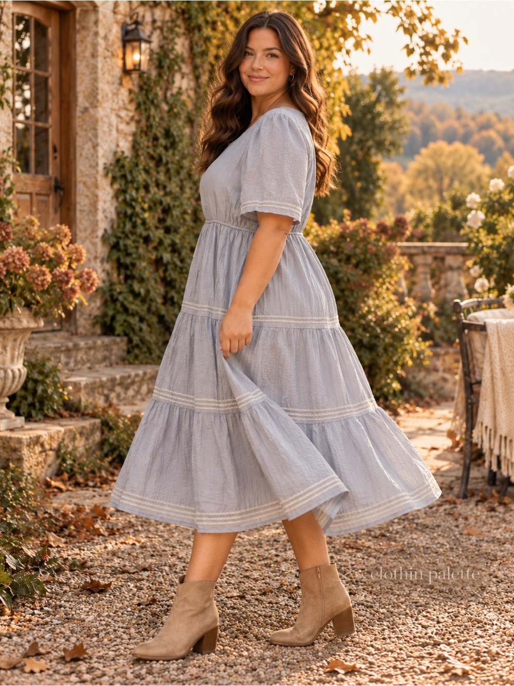 NWT Orange Creek Blue/Gray Tencel Tiered Midi Dress 3X